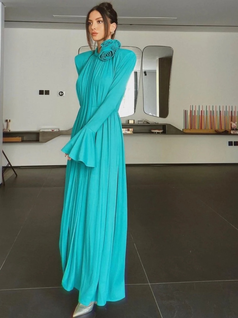 Magda Butrym Vintage Inspired Bell Sleeve Maxi Dress in Aquamarine Floral Retro